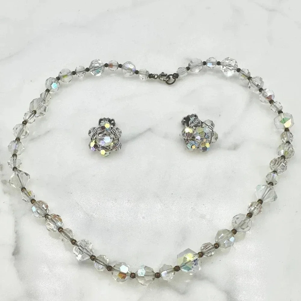 Vintage Crystal Aurora Borealis Necklace  Matching Clip On Earrings Set …